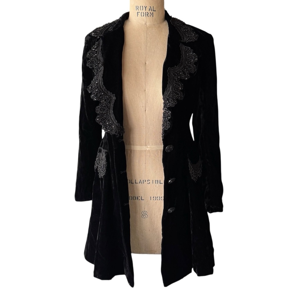 Vintage 1993 Anna Sui Black Velvet Beaded Edwardian Frock Coat - Picture 12 of 14